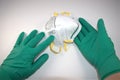Hands on sterile surgical gloves showing N95 Respirator mask
