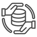 Hands with storage array line icon, data hoarding concept. Vector graphics. Hard disks space sign on white background