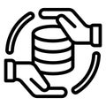 Hands with storage array line icon, data hoarding concept. Vector graphics. Hard disks space sign on white background
