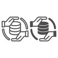 Hands with storage array line and solid icon, data hoarding concept. Vector graphics. Hard disks space sign on white