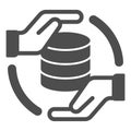 Hands with storage array solid icon, data hoarding concept. Vector graphics. Hard disks space sign on white background