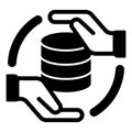 Hands with storage array solid icon, data hoarding concept. Vector graphics. Hard disks space sign on white background