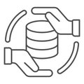 Hands with storage array thin line icon, data hoarding concept. Vector graphics. Hard disks space sign on white