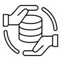 Hands with storage array thin line icon, data hoarding concept. Vector graphics. Hard disks space sign on white