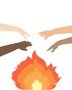 Hands stretch for the fire. Symbol of warmth and unity of the races. European, African and Asian nationalities.