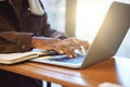 Hands, student and black woman typing on laptop working on assignment project. Learning, education pc and female learner