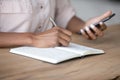 Hands of student girl watching learning webinar Royalty Free Stock Photo