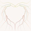 Hands in the style of line art in the shape of a heart. Different colors lines. Friendship, love, togetherness, team work Royalty Free Stock Photo