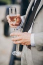 hands of stylish people cheering with glasses of champagne, luxury wedding reception, rich celebration. guests toasting at chris Royalty Free Stock Photo