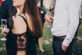 hands of stylish people cheering with glasses of champagne, luxury wedding reception, rich celebration. guests toasting at chris Royalty Free Stock Photo