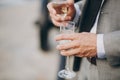 hands of stylish people cheering with glasses of champagne, luxury wedding reception, rich celebration. guests toasting at chris Royalty Free Stock Photo