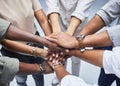 Hands, support and people together for teamwork, solidarity or group collaboration from above. Workforce, diversity and Royalty Free Stock Photo