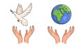 Hands support the planet earth and a flying dove. World peace concept. Royalty Free Stock Photo