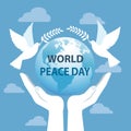 Hands support the planet earth, take care of it with the inscription world day of peace. International Day of Peace, traditionally