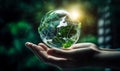 Hands supporting the fragile glass globe. Green planet. Saving the world concept. Blurred backdrop. Generative AI