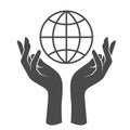 Hands supporting globe, planet care and unity symbol, earth day emblem