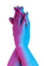 Hands in a surreal style in violet blue neon colors. Modern psychedelic creative element with human palm for posters