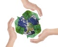 Hands surrounding the Earth and logo recycle isolated on white Royalty Free Stock Photo