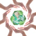 Hands surrounding green planet protected by recycle sign leaf on white background. Elements of this image furnished by NASA Royalty Free Stock Photo