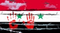 Hands of Syrian refugee against the background of the flag of Syria and barbed wire. Illustration for armed, military conflict