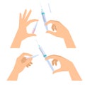 Hands with syringe and ampoule. Science, medical, laboratory equipment, accessories.