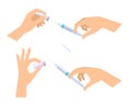 Hands with syringe and vial. Science, medical, laboratory equipment, accessories.