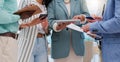 Hands, tablet and group teamwork of business people work on meeting report, notes or project feedback data. Cooperation