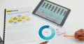 Hands, tablet and screen of data analytics for planning, analysis and research of sales, cashflow and profit. People in