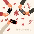 Hands taking phones with blank screen and make photo with autumn leaves.mockup Vector digital illustration in flat