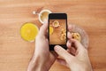 Hands taking photo of breakfast with smartphone