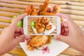 Hands Taking Photo Chicken Wings With Smartphone