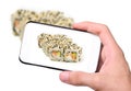 Hands taking photo fresh japanese sushi rolls with smartphone.