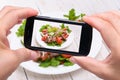 Hands Taking Photo Vegetable Salad With Meat With Smartphone