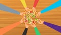 Hands taking pizza slices from a table vector. Delicious pizza vector with different kinds of hands. Pizza with so many toppings. Royalty Free Stock Photo