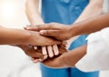 Hands, team and doctors, health collaboration with diversity in healthcare and teamwork for partnership closeup. Medical Royalty Free Stock Photo