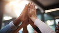 The hands of teamwork celebrating success in a collaborative environment..AI generated image Royalty Free Stock Photo