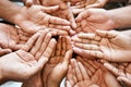 Hands, teamwork and collaboration in closeup with partnership and charity for community support. Group, people or Royalty Free Stock Photo