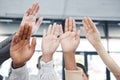 Hands, teamwork and motivation with a business man and woman group raising a hand in unity or solidarity. Meeting, goal Royalty Free Stock Photo