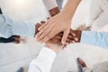 Hands, teamwork and motivation with business people standing in a huddle or circle together from above. Office, meeting Royalty Free Stock Photo