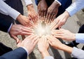 Hands, teamwork or top view of business people outside in collaboration for mission goals in city. Light, link or Royalty Free Stock Photo