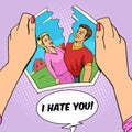 Hands tear photo of couple pop art vector