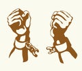 Hands tearing shackles. Vector drawing Royalty Free Stock Photo