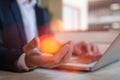 Hands of a thoughtful, hr recruiter making hiring decision at difficult job interview Royalty Free Stock Photo