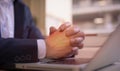 Hands of a thoughtful, hr recruiter making hiring decision at difficult job interview Royalty Free Stock Photo