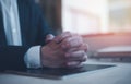 Hands of a thoughtful, hr recruiter making hiring decision at difficult job interview Royalty Free Stock Photo