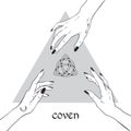 Hands of three witches reaching out to the pagan symbol triquetra. Coven is a gathering of witches. Royalty Free Stock Photo