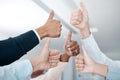 Hands, thumbs up and business people hand agreement closeup in support of trust, thank you and a job well done. Success Royalty Free Stock Photo