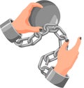 Hands tied with iron chain, handcuffed hands, symbol of slavery, bondage, restriction of freedom