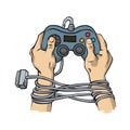 Hands tied by wire game controller. Game dependence concept.