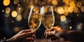 hands toasting with champagne glasses at party against glittering background with confetti, AI Generated Royalty Free Stock Photo